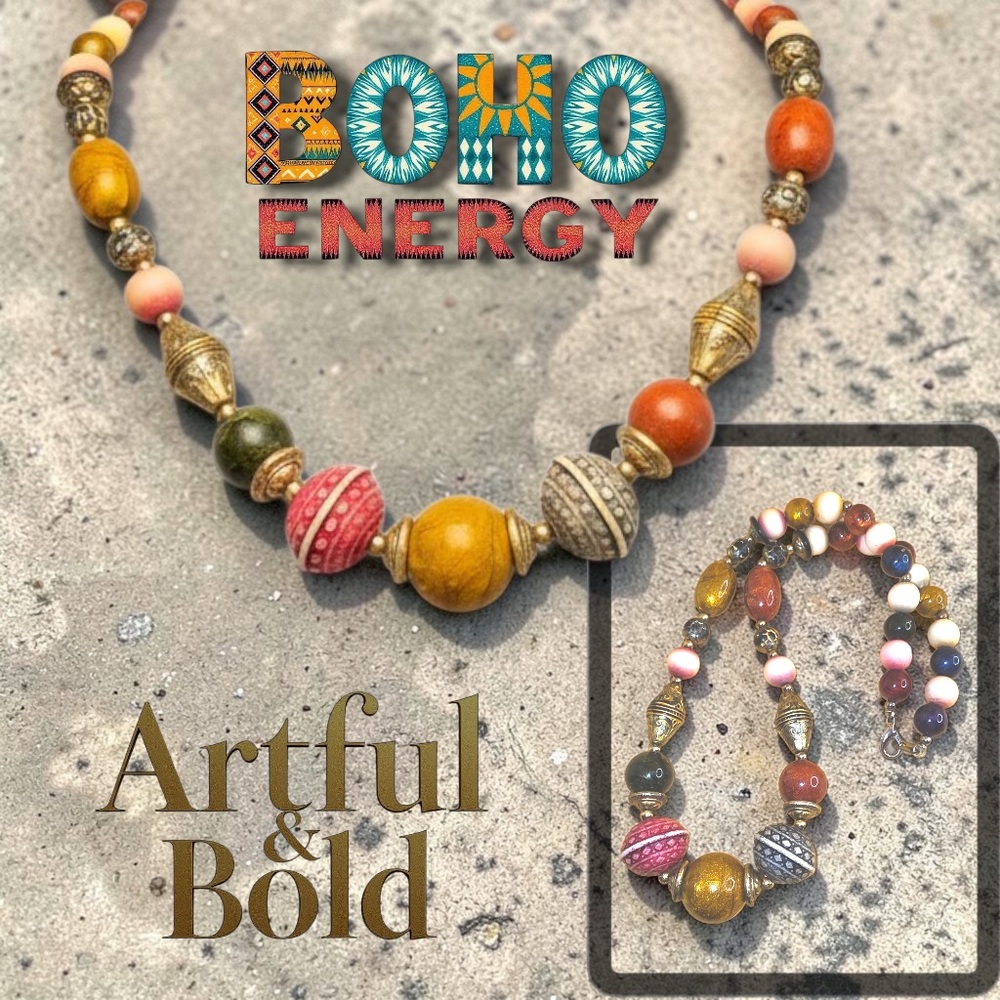 ✨ Vintage 1960s Chunky Bohemian Statement Necklace – Colorful Retro Beaded 18”